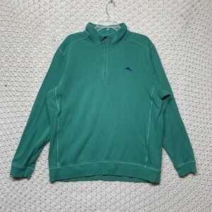 Tommy Bahama Sweater Pullover Men's XL  Green 1/4 Zip Logo Embroidery 100%Cotton